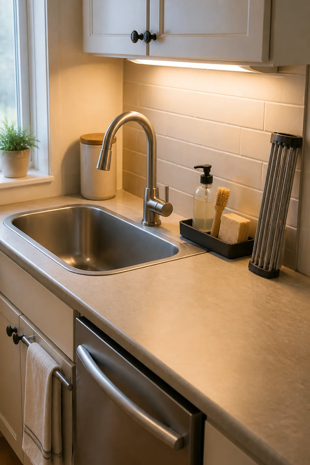 Organized sink zone in a small kitchen with a slim caddy and clear counter space