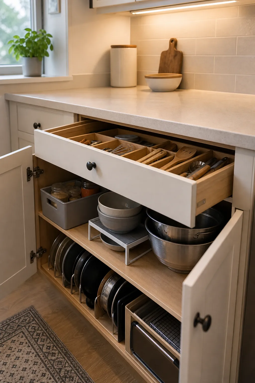 Closed cabinet storage organized with dividers and shelf risers in a small kitchen