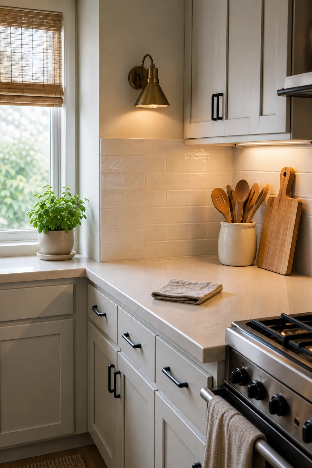 Light bouncing small kitchen decor with pale surfaces and a simple warm pendant