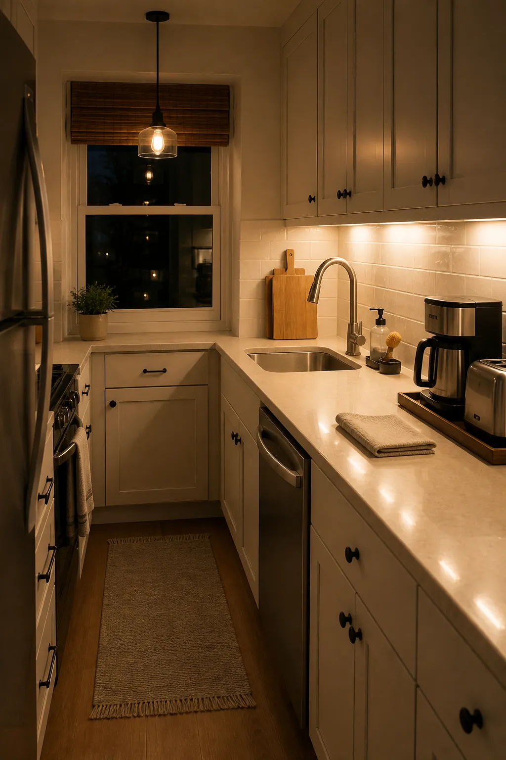 Nightly small kitchen counter reset with clean surfaces and warm layered lighting