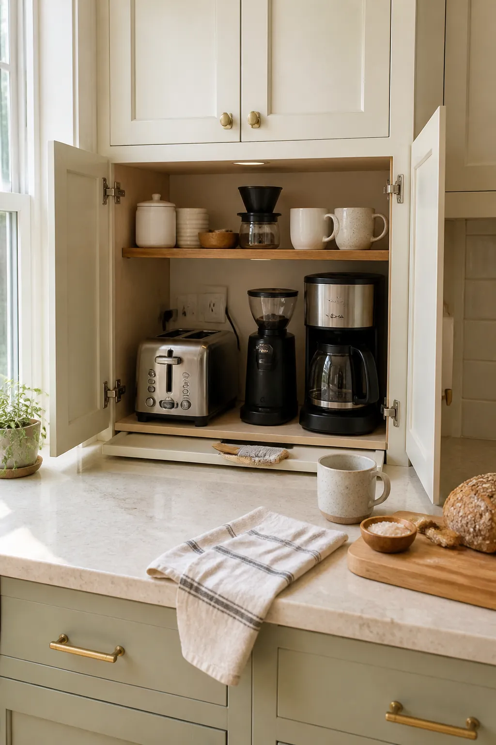 Small kitchen appliance garage hiding a toaster and coffee station behind cabinet doors
