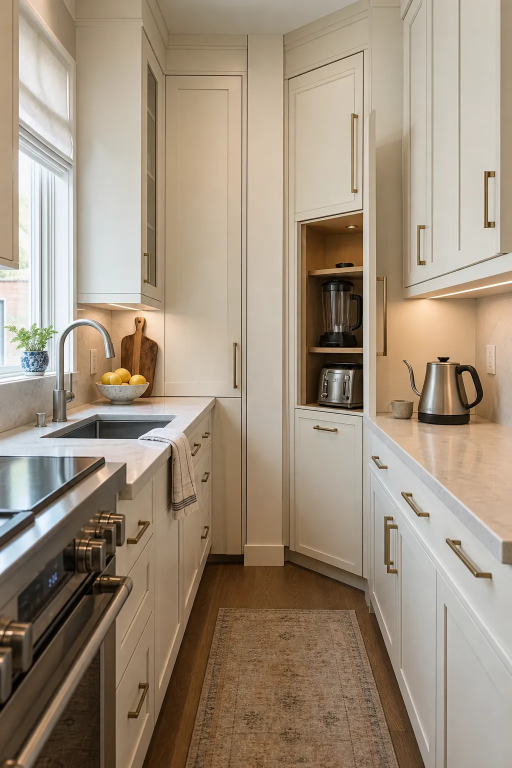 Small kitchen with hidden appliance storage and clear countertops