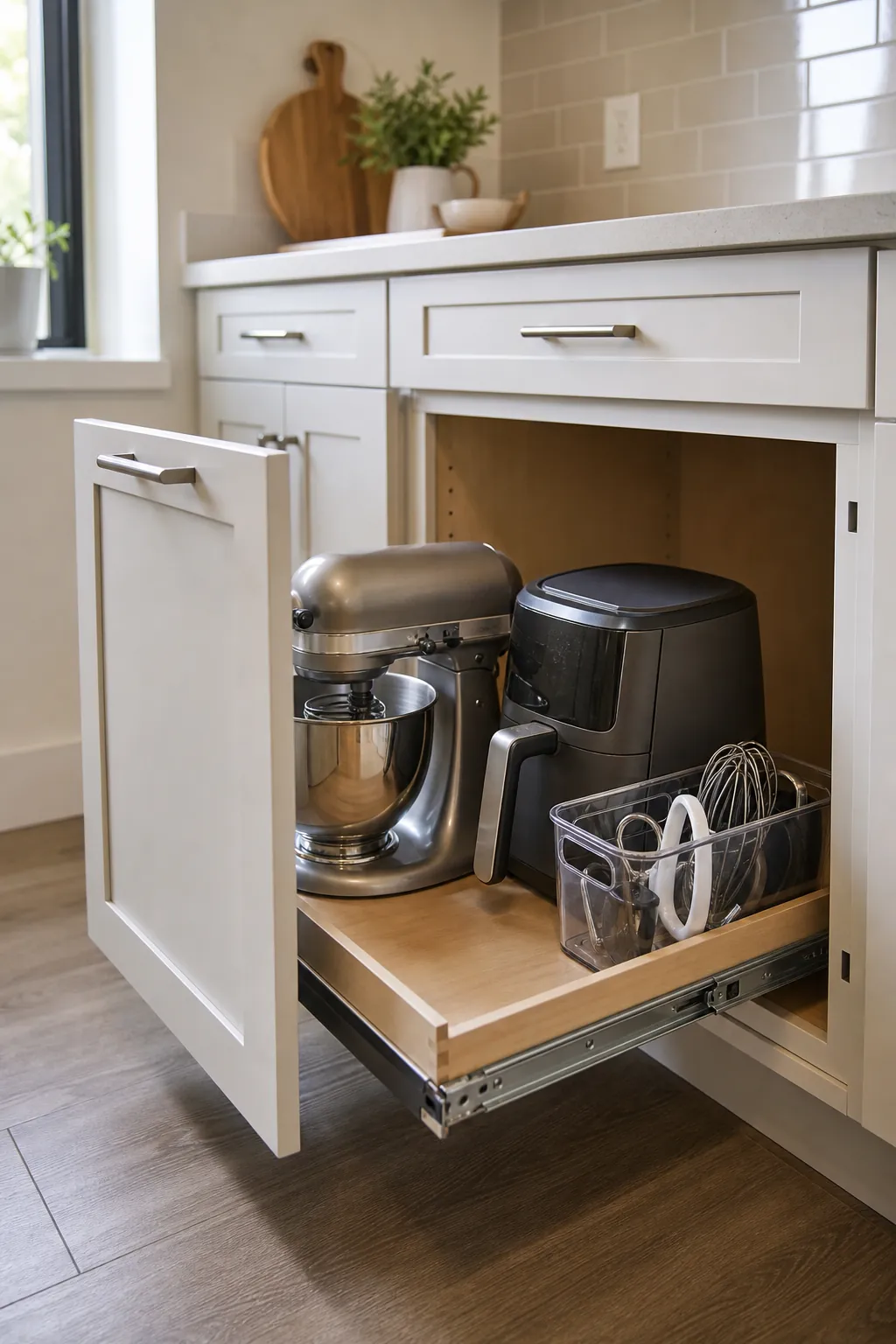 Pull-out base cabinet shelf storing heavy small kitchen appliances below counter height