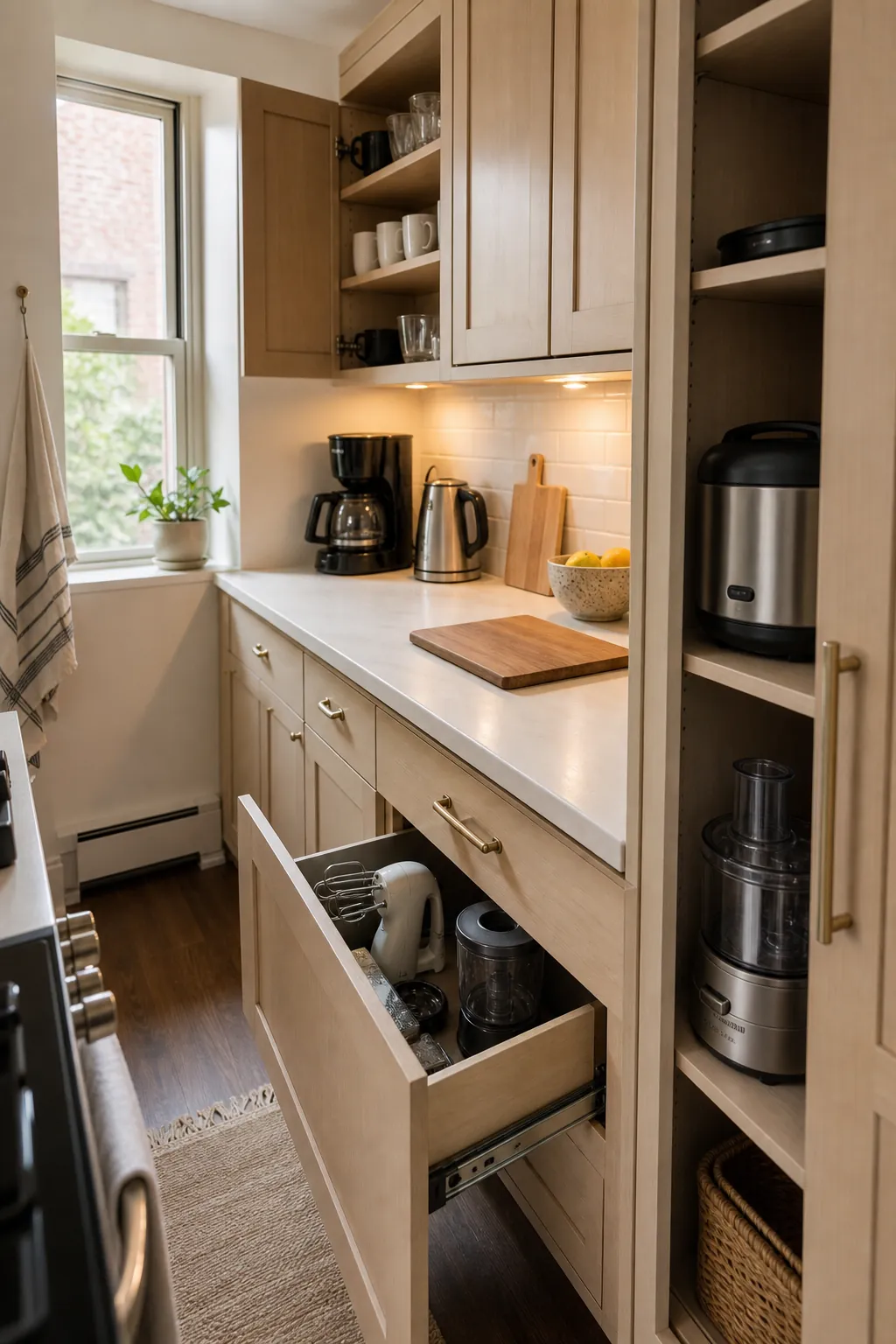 Decluttered compact kitchen with clear zones for daily and hidden appliance storage