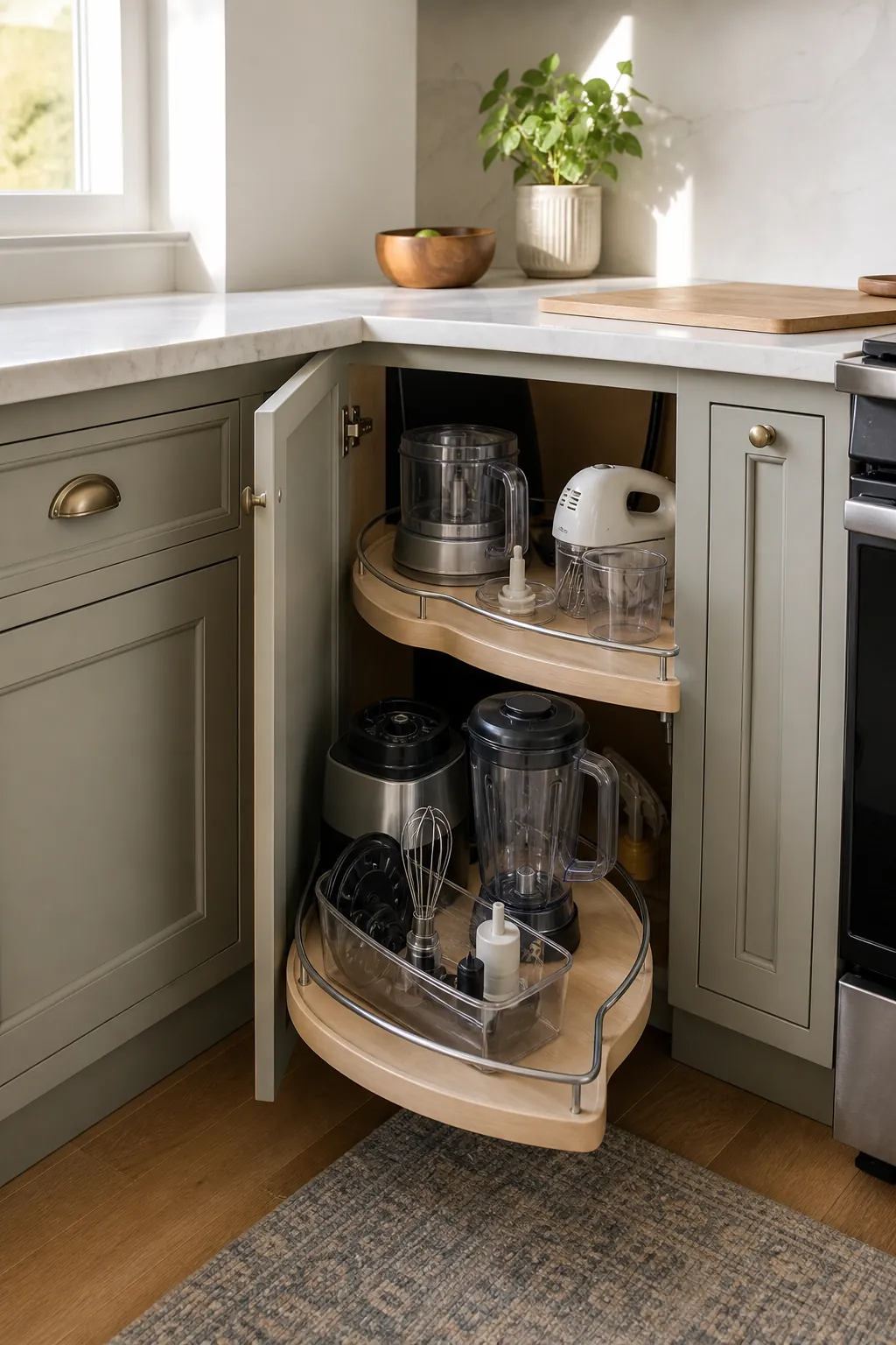Corner cabinet swing-out shelves used for hidden appliance storage in a small kitchen