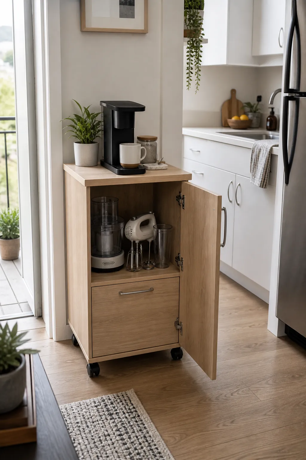 Renter friendly rolling kitchen cart with closed storage for small appliances