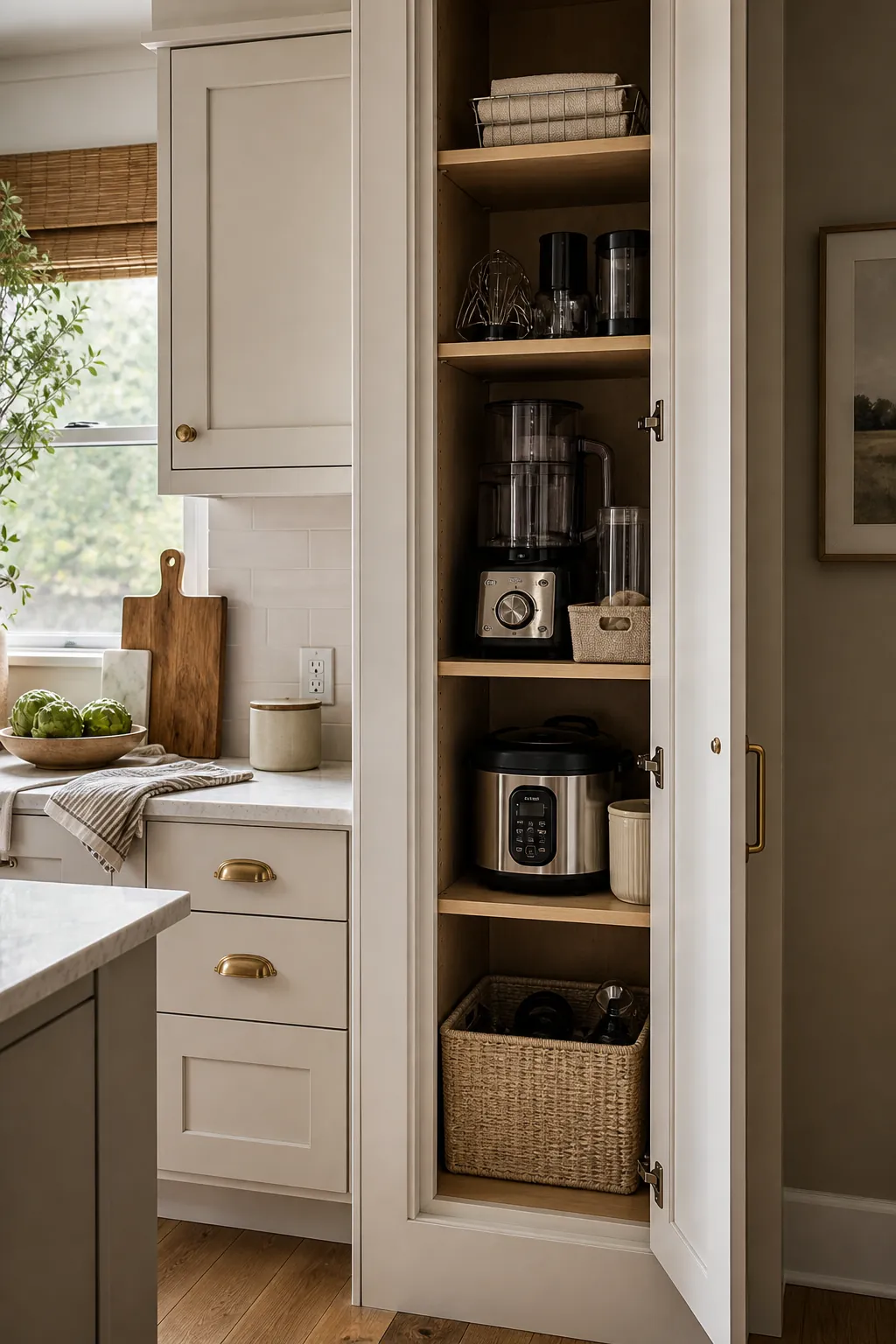 Slim pantry cabinet organized with small appliances on accessible shelves