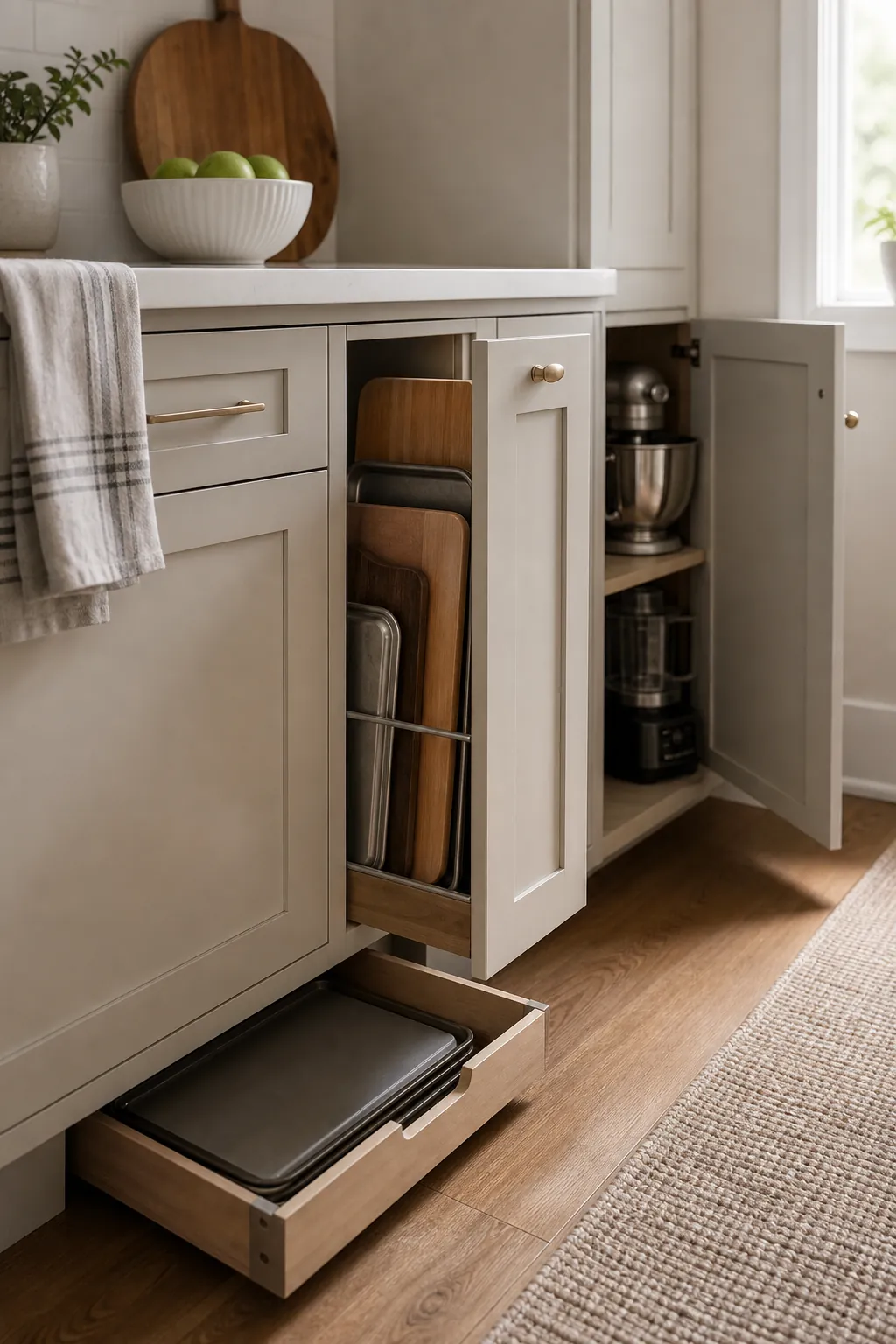 Small kitchen vertical cabinet storage and toe kick drawer freeing cabinet space for appliances