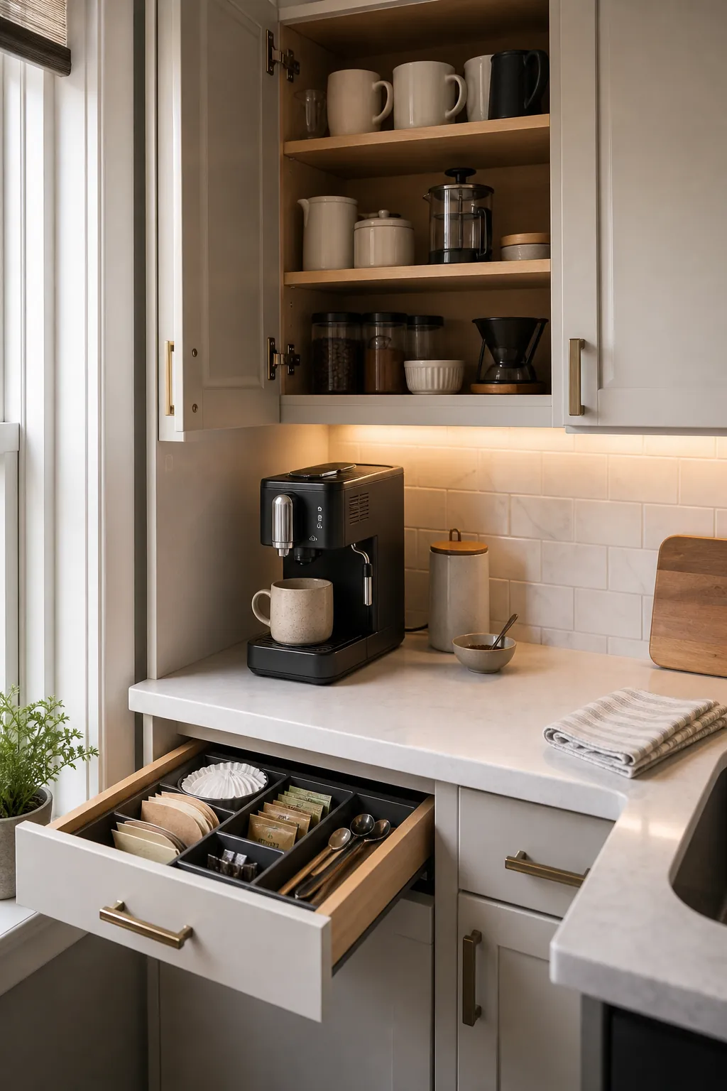 Compact kitchen coffee station with cabinet storage and clear surrounding counter space