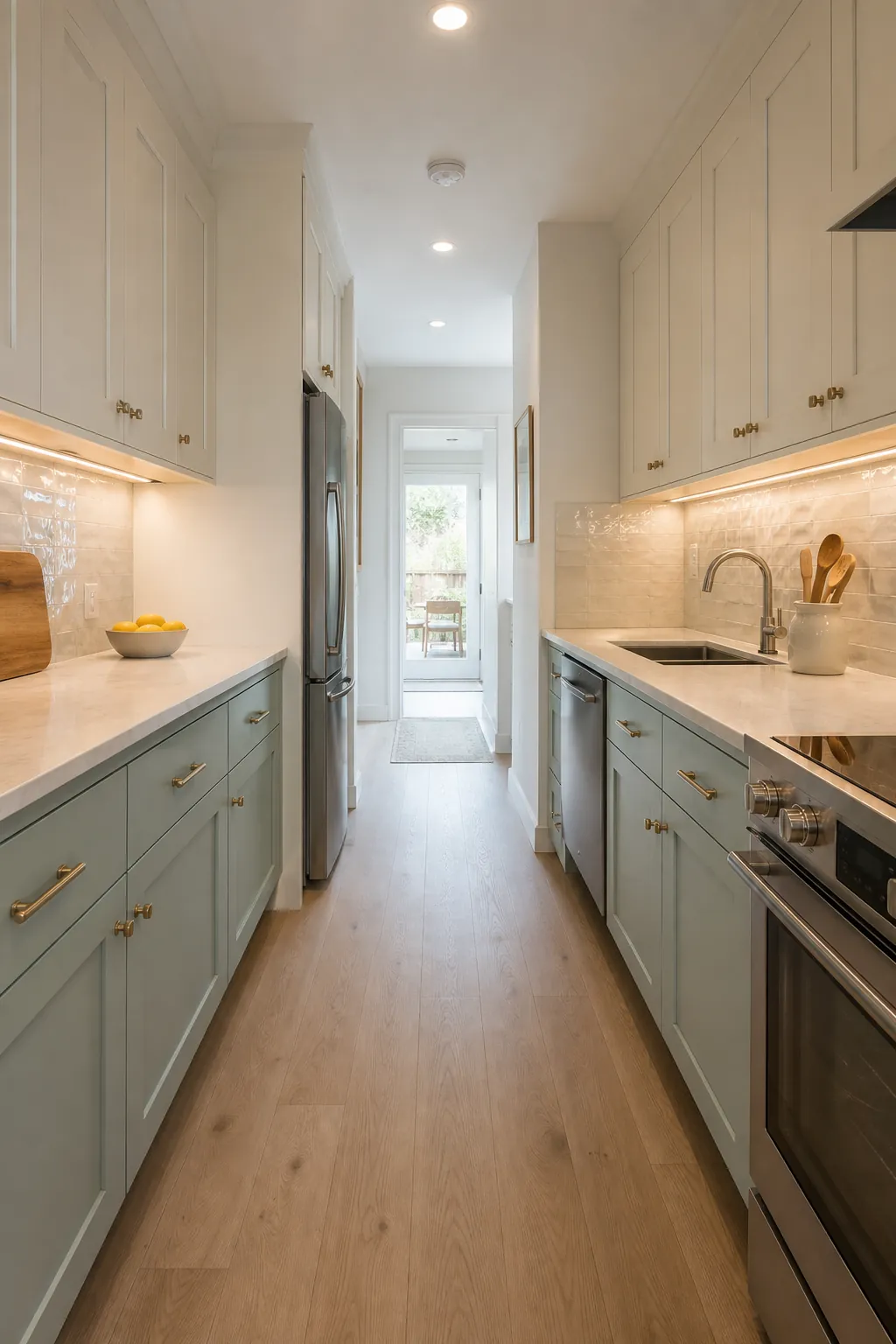 Bright airy galley kitchen with layered lighting and clear counters