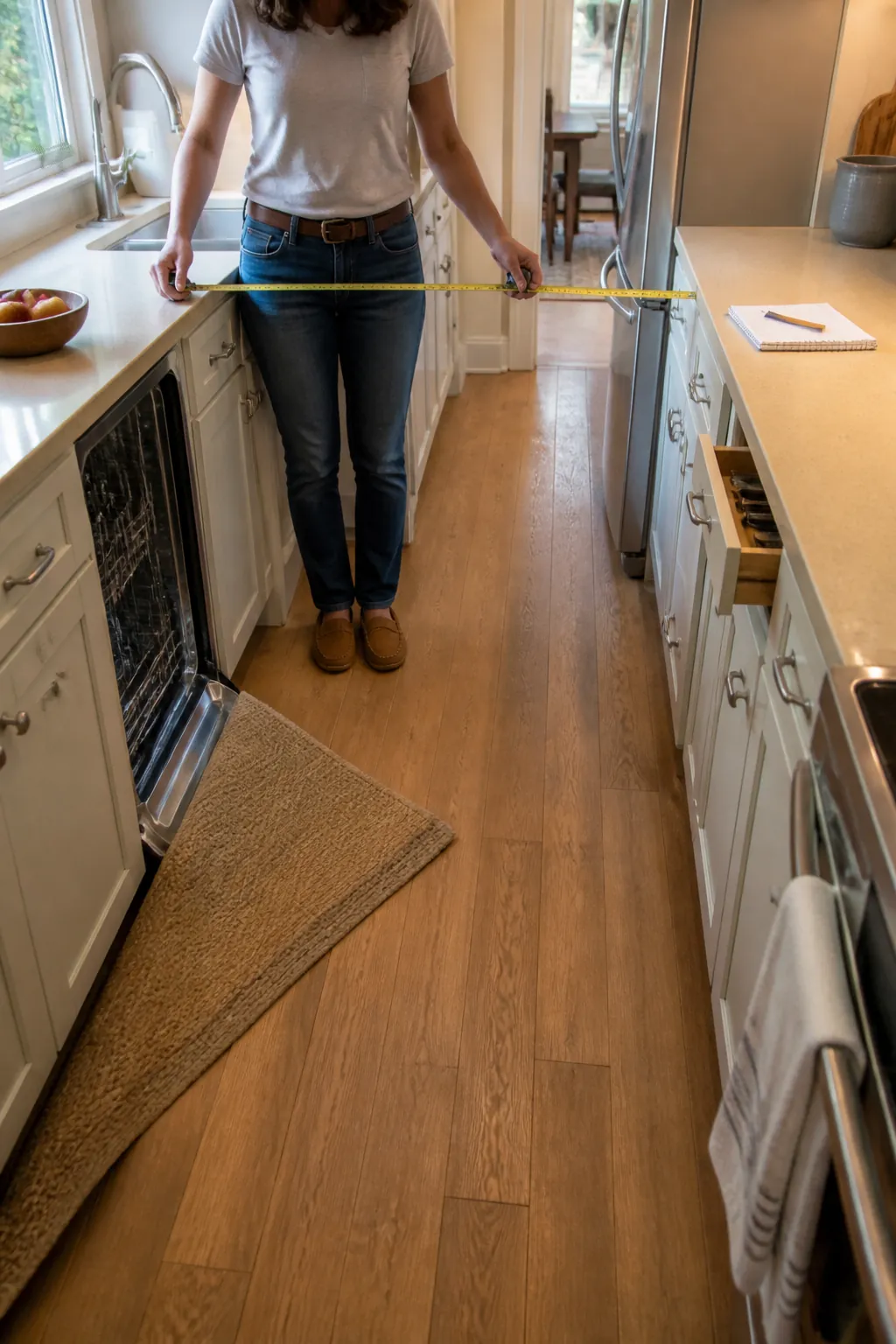 Homeowner measuring the aisle in a narrow galley kitchen before improving the layout