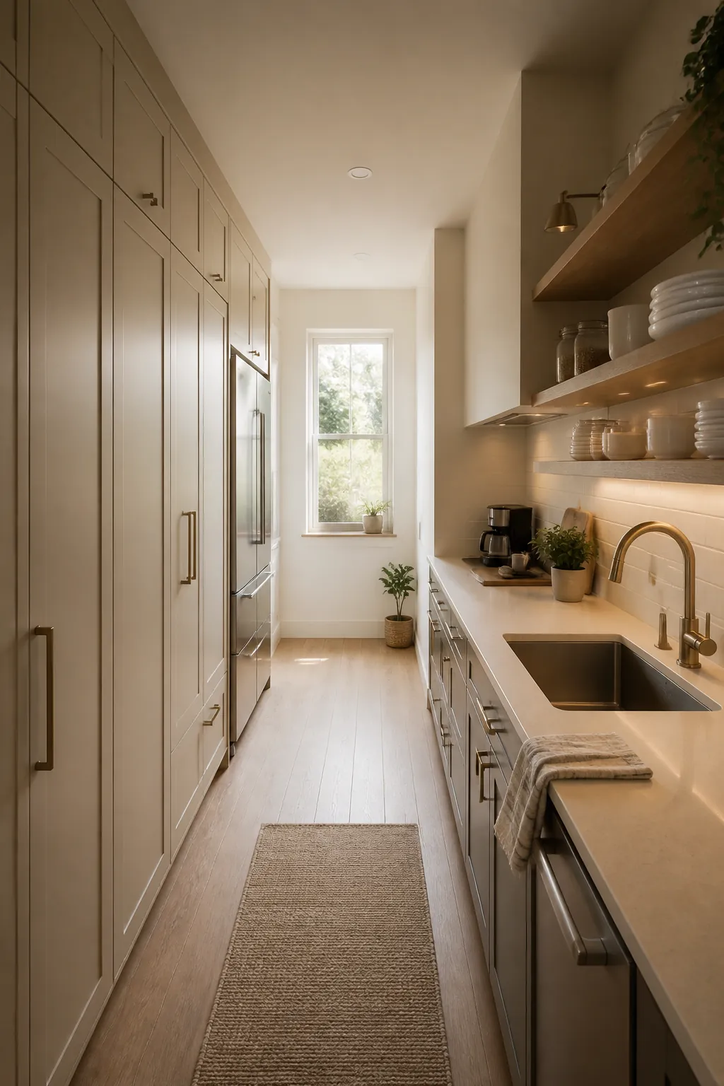 Galley kitchen with tall storage on one side and open shelves on the opposite wall