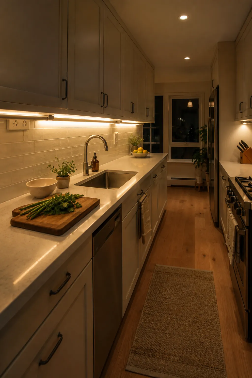Warm under cabinet lighting brightening the counters in a narrow galley kitchen
