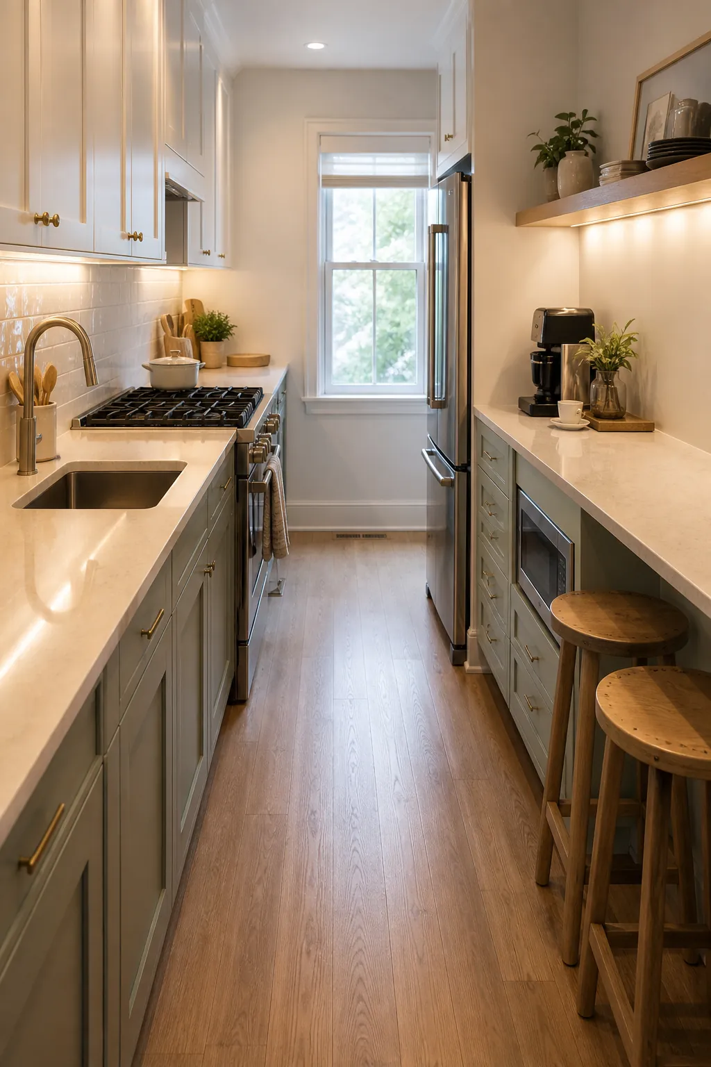 Galley kitchen with a full depth prep counter and a shallower opposite counter for easier flow