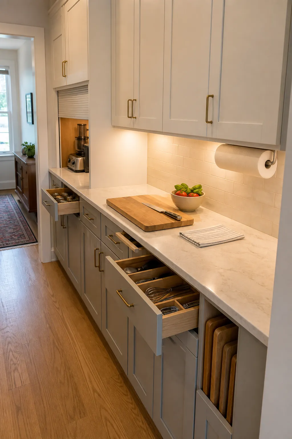 Compact galley kitchen with clear counters and small appliances stored away