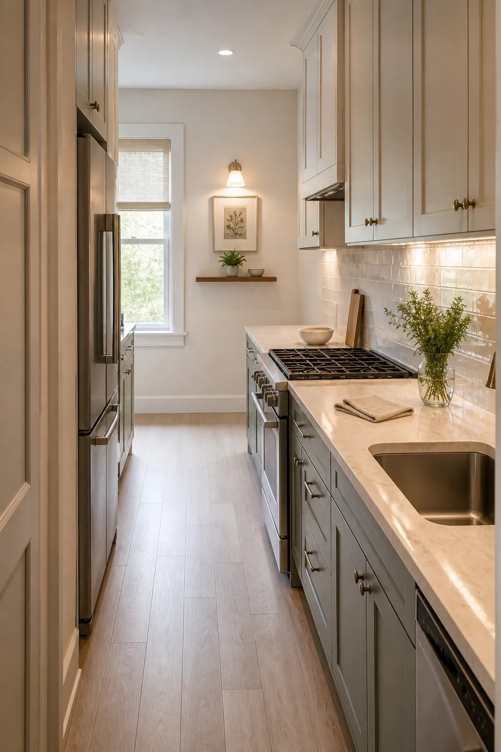 Bright end wall and glossy backsplash creating a longer sightline in a galley kitchen