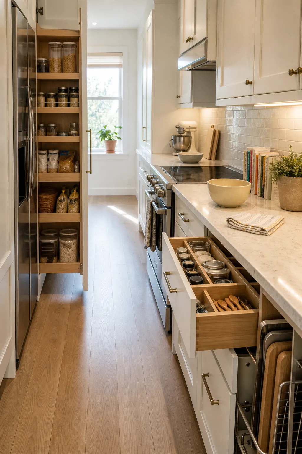 Pull out pantry shelves and drawer organizers improving storage in a small galley kitchen
