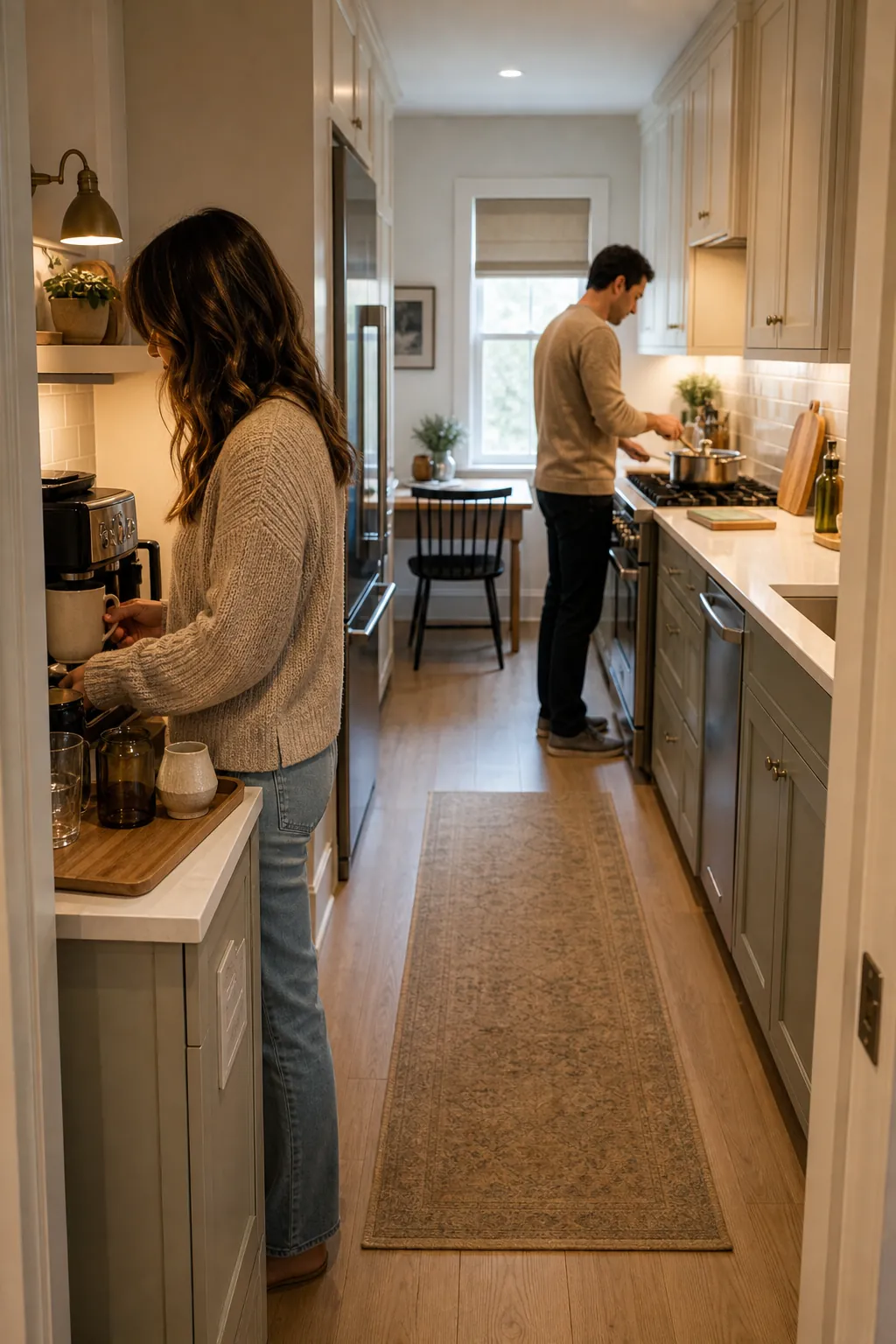 Two people using a galley kitchen with a clear cooking lane and coffee station near the entrance