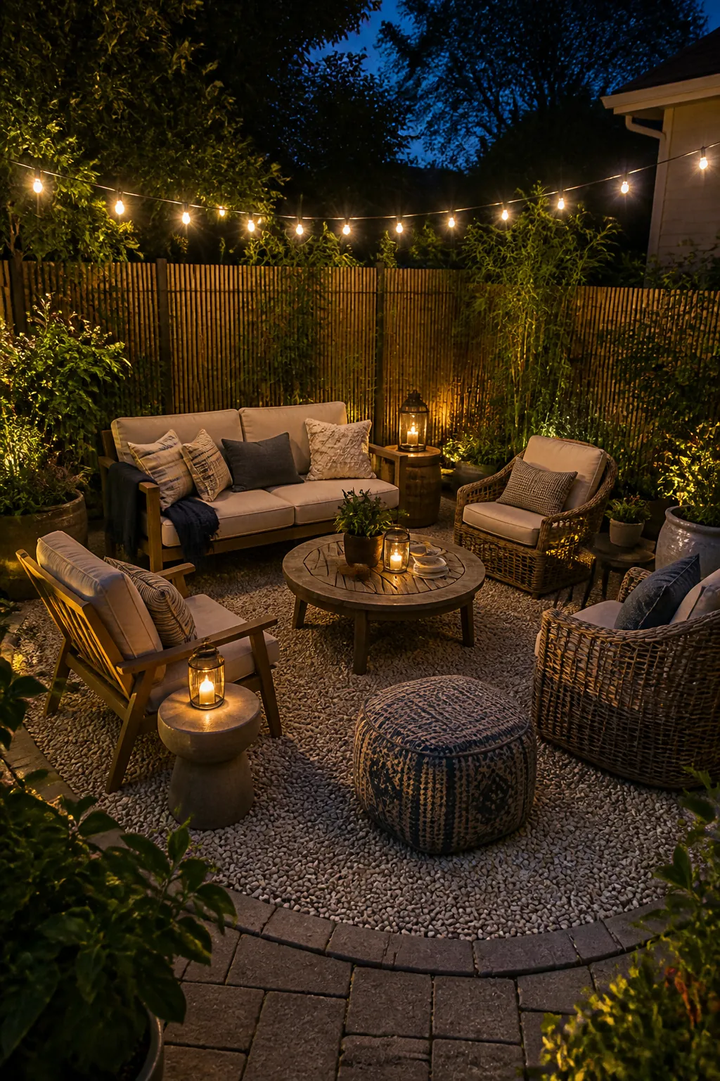 Backyard seating arranged in a conversation circle with warm summer night lighting