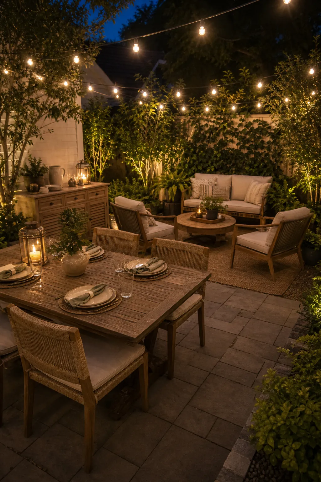 Backyard dining and lounge seating arranged for a casual summer night