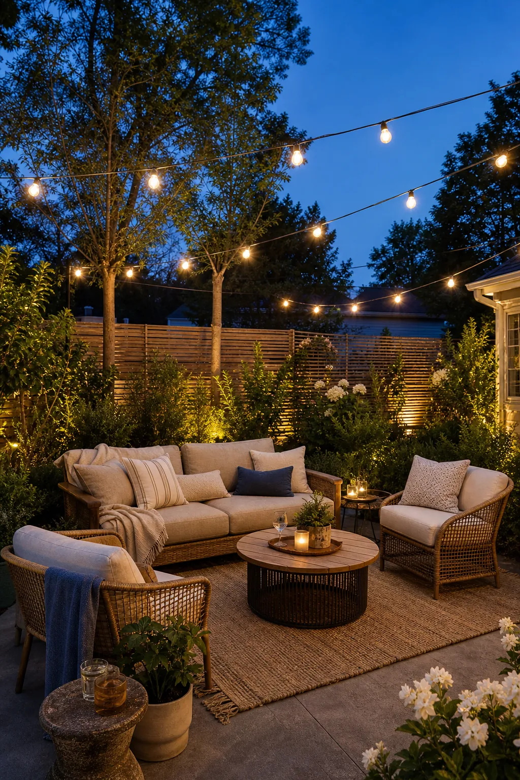 Cozy backyard seating area with outdoor sofa, woven chairs, string lights, and garden privacy for a casual summer night