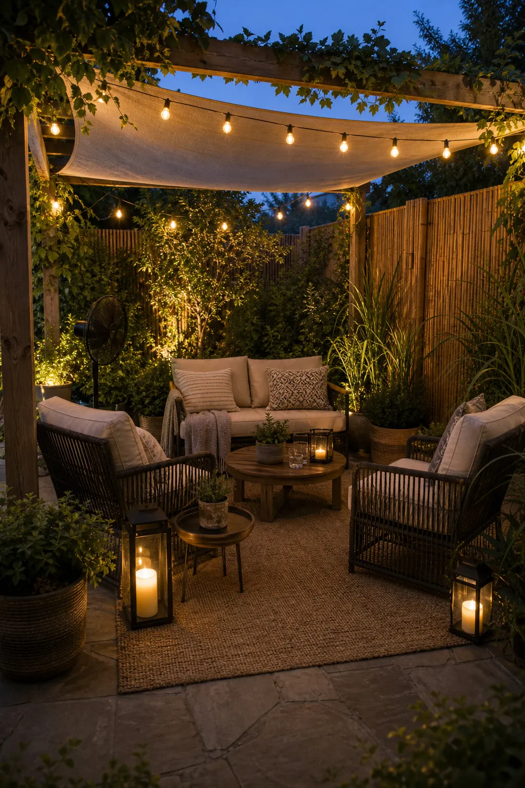 Shaded backyard seating with privacy planting, bamboo screening, and warm lights