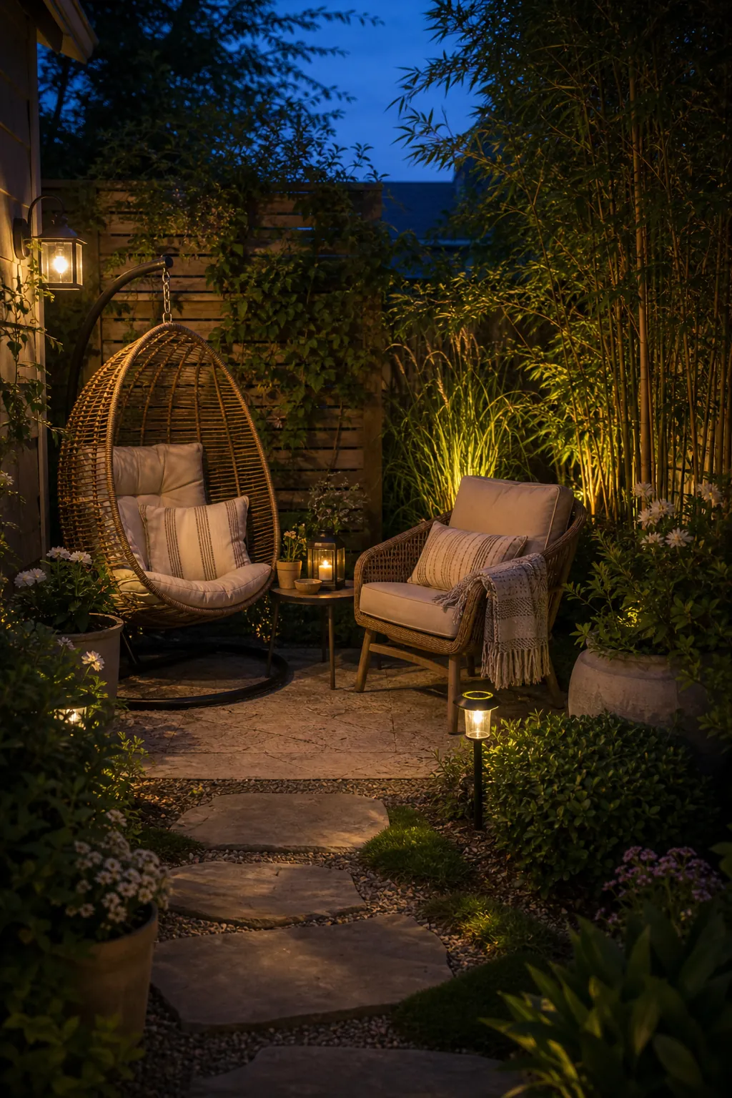 Quiet garden corner seating with two chairs, path lights, and layered plants