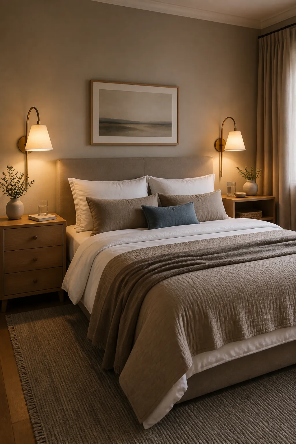 Balanced but not identical bedside stations in a calm couple bedroom