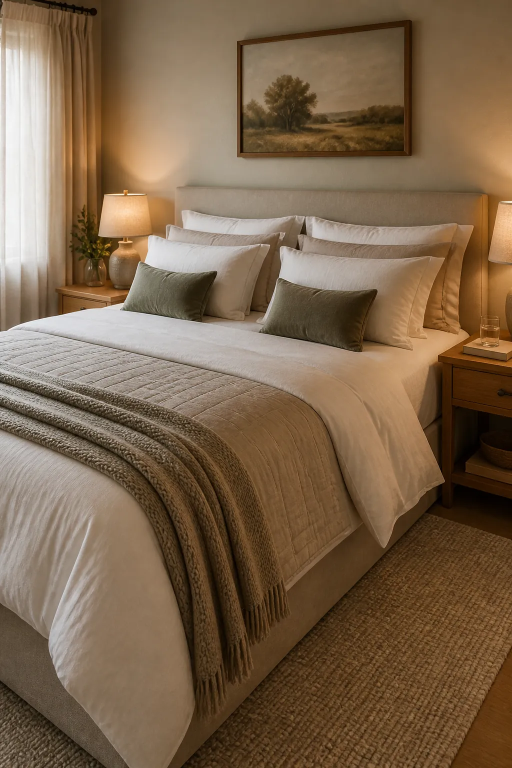 Layered bedding in a calm hotel style couple bedroom with warm neutral decor