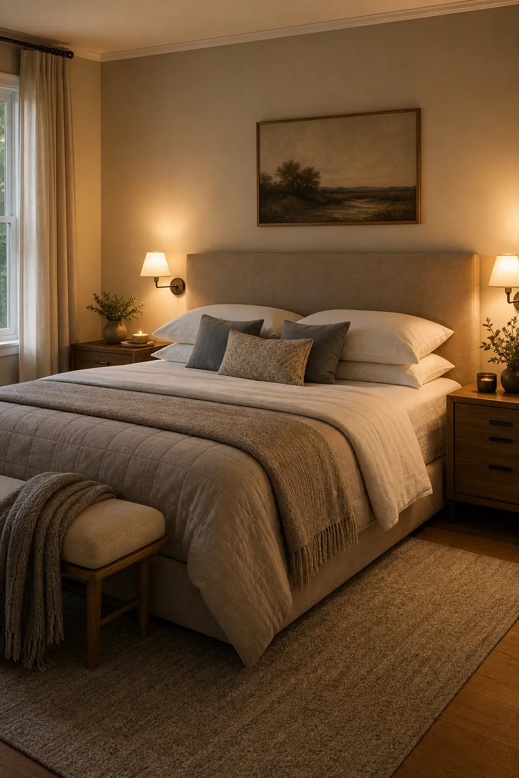 Calm couple bedroom with layered bedding warm lighting and hotel style decor
