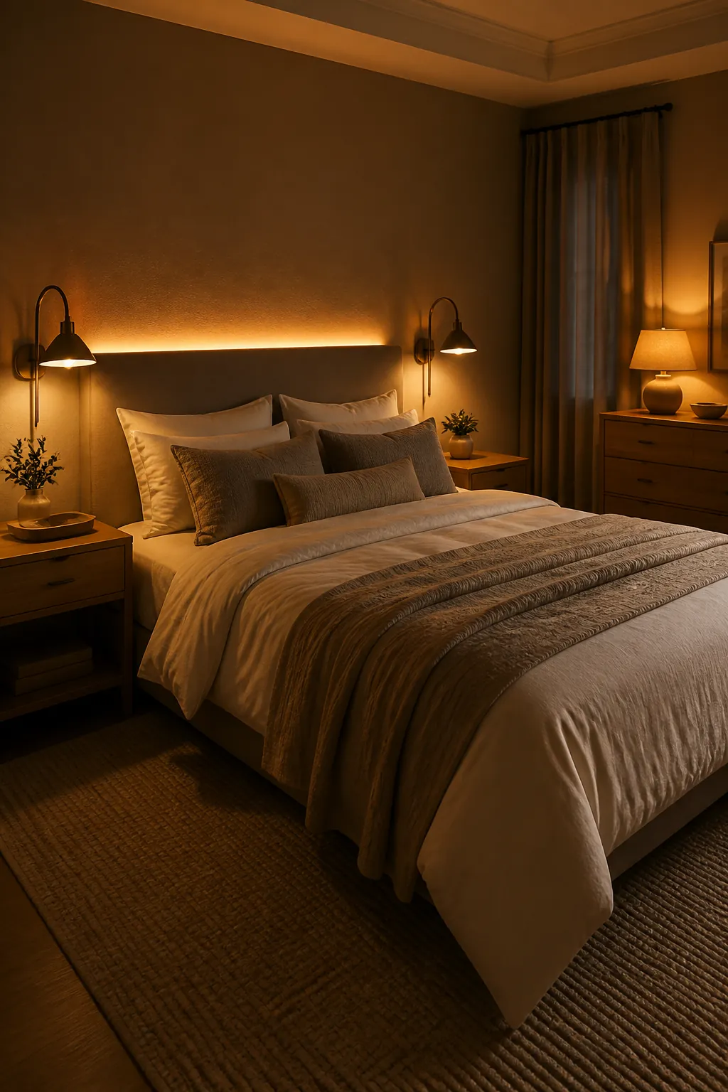 Soft layered lighting in a calm couple bedroom with warm bedside lamps