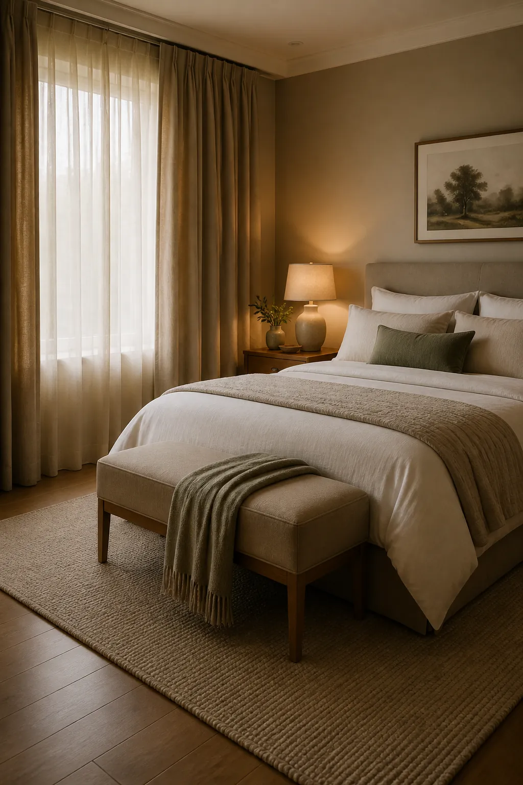 Linen curtains soft rug and upholstered headboard in a calm hotel style bedroom