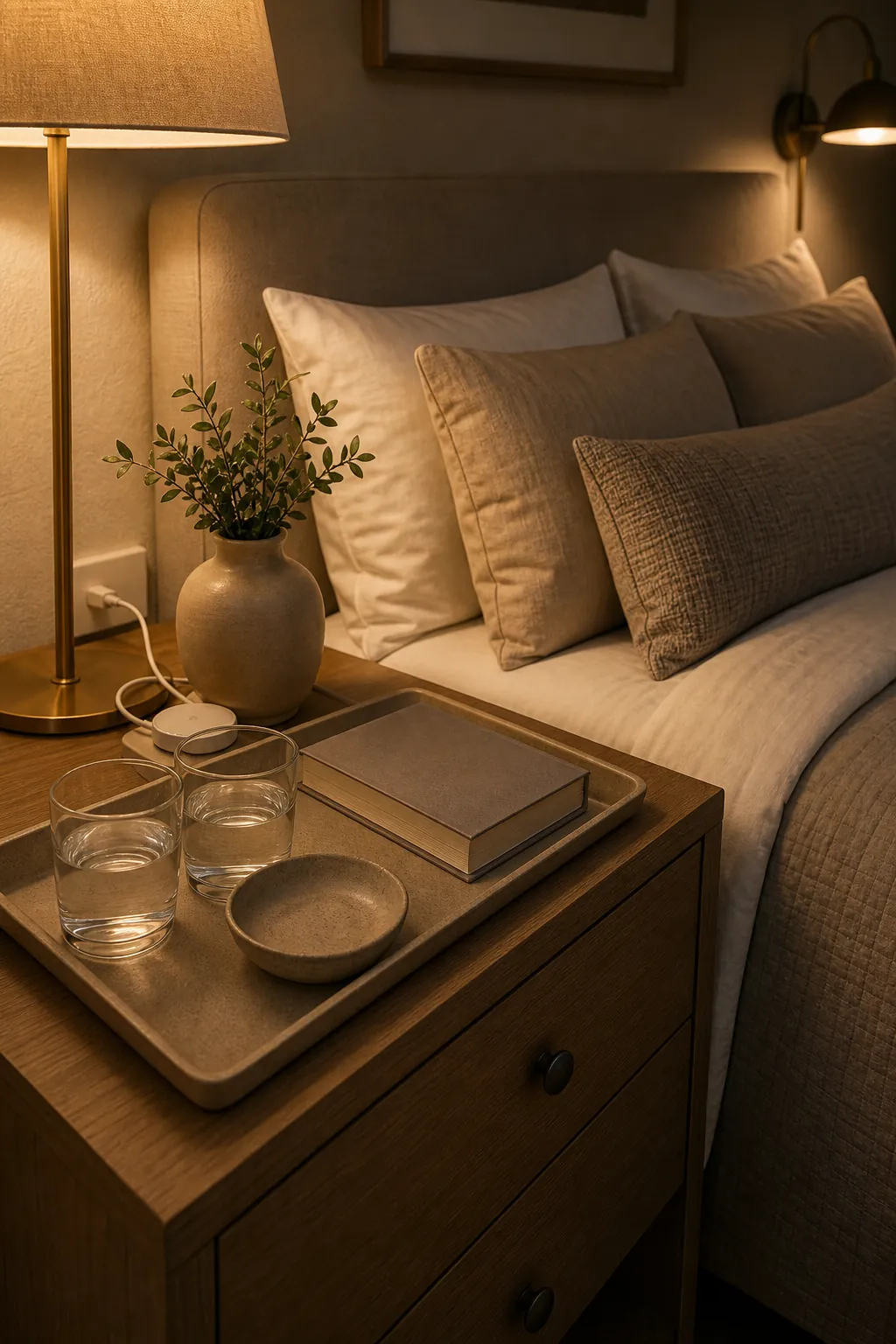Hotel style evening reset tray on a tidy nightstand in a couple bedroom