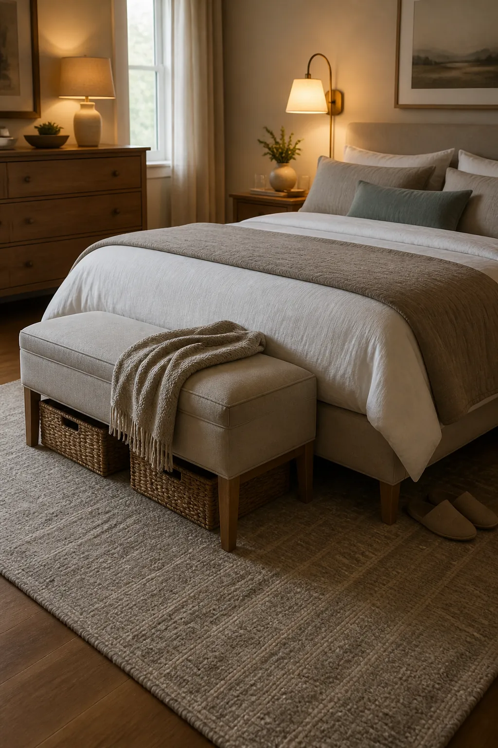Discreet bedroom storage with a bench and baskets in a calm hotel style room