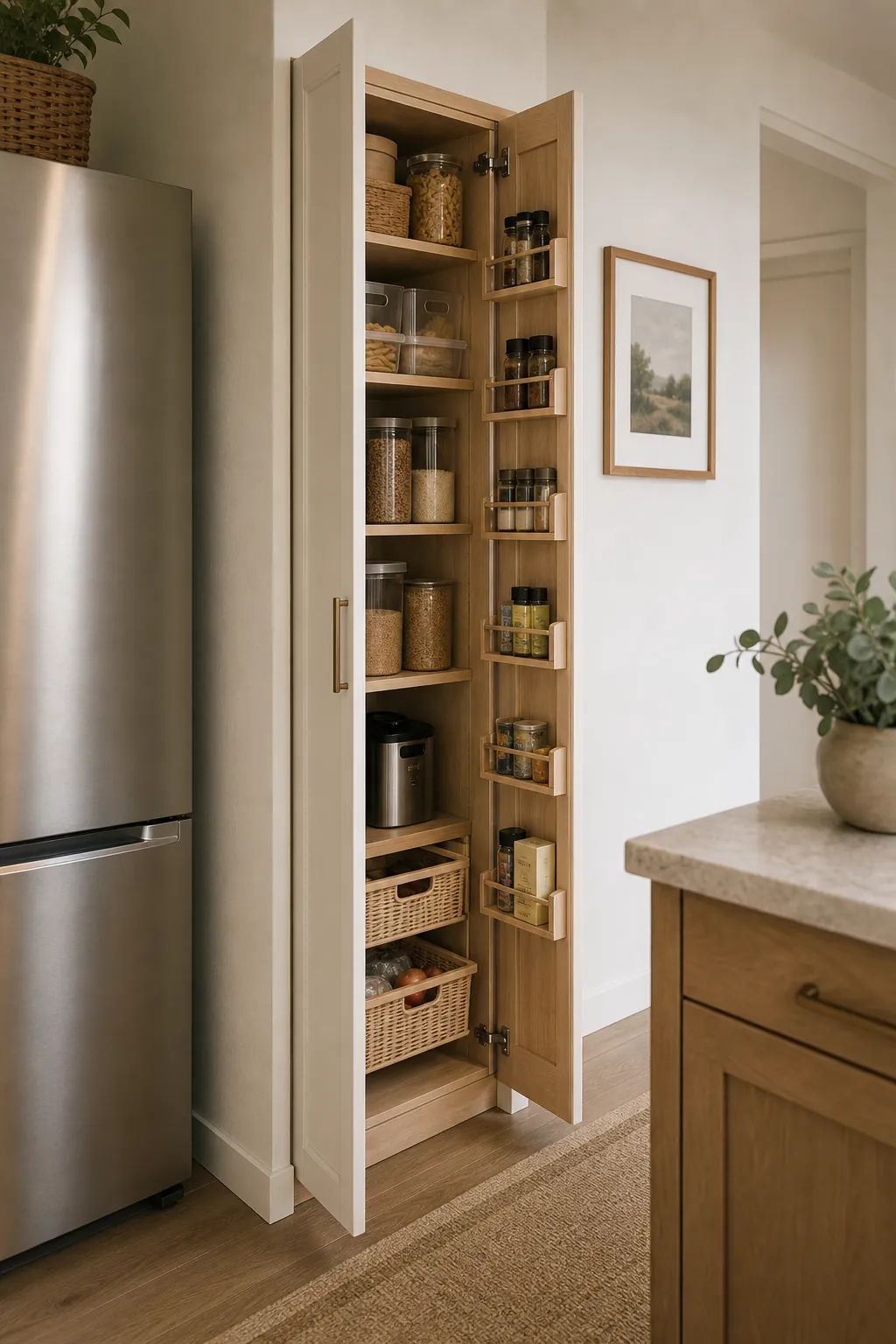 Narrow cabinet pantry alternative in a compact apartment kitchen