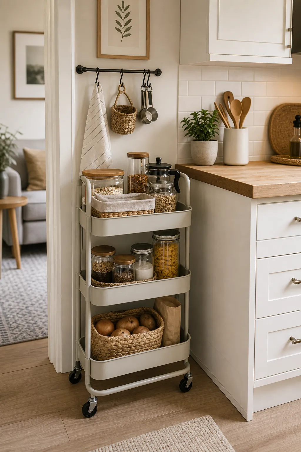Slim rolling cart used for pantry storage in a small kitchen