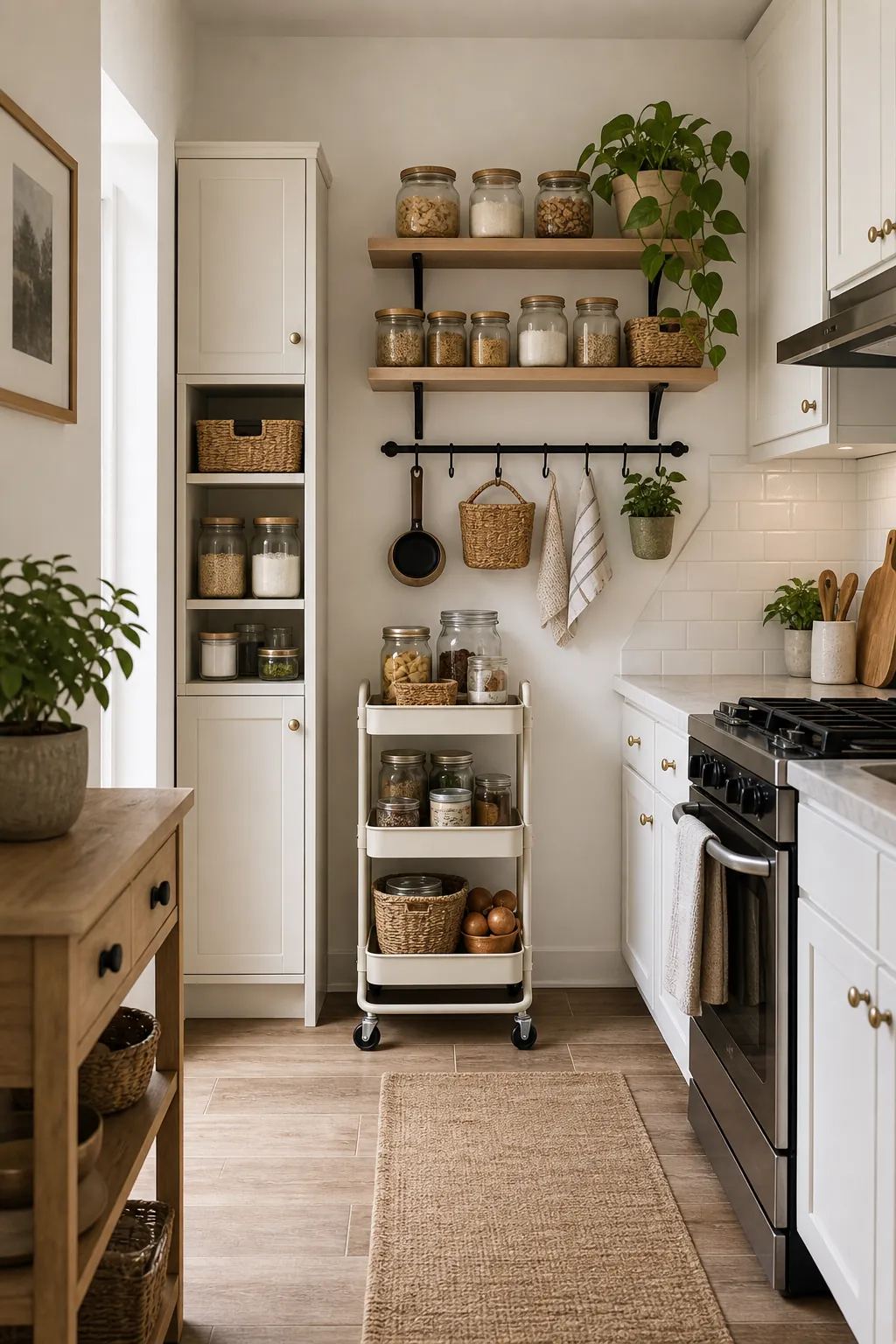Small kitchen pantry alternatives with shelves cabinet and rolling cart storage