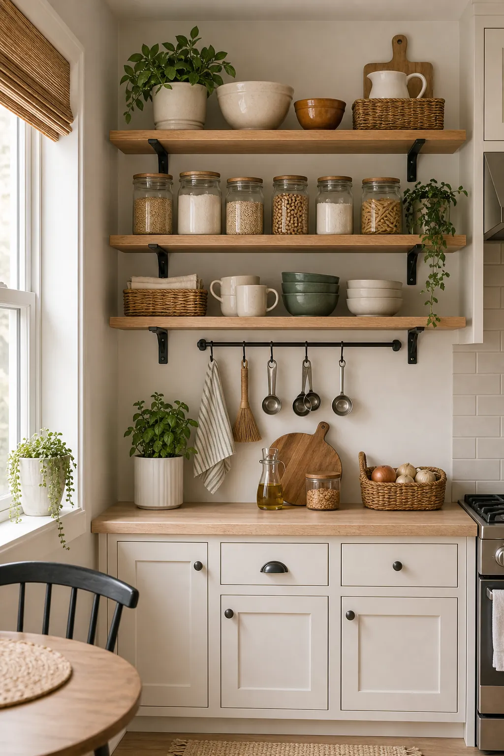 Open wall shelves used as pantry storage in a compact kitchen