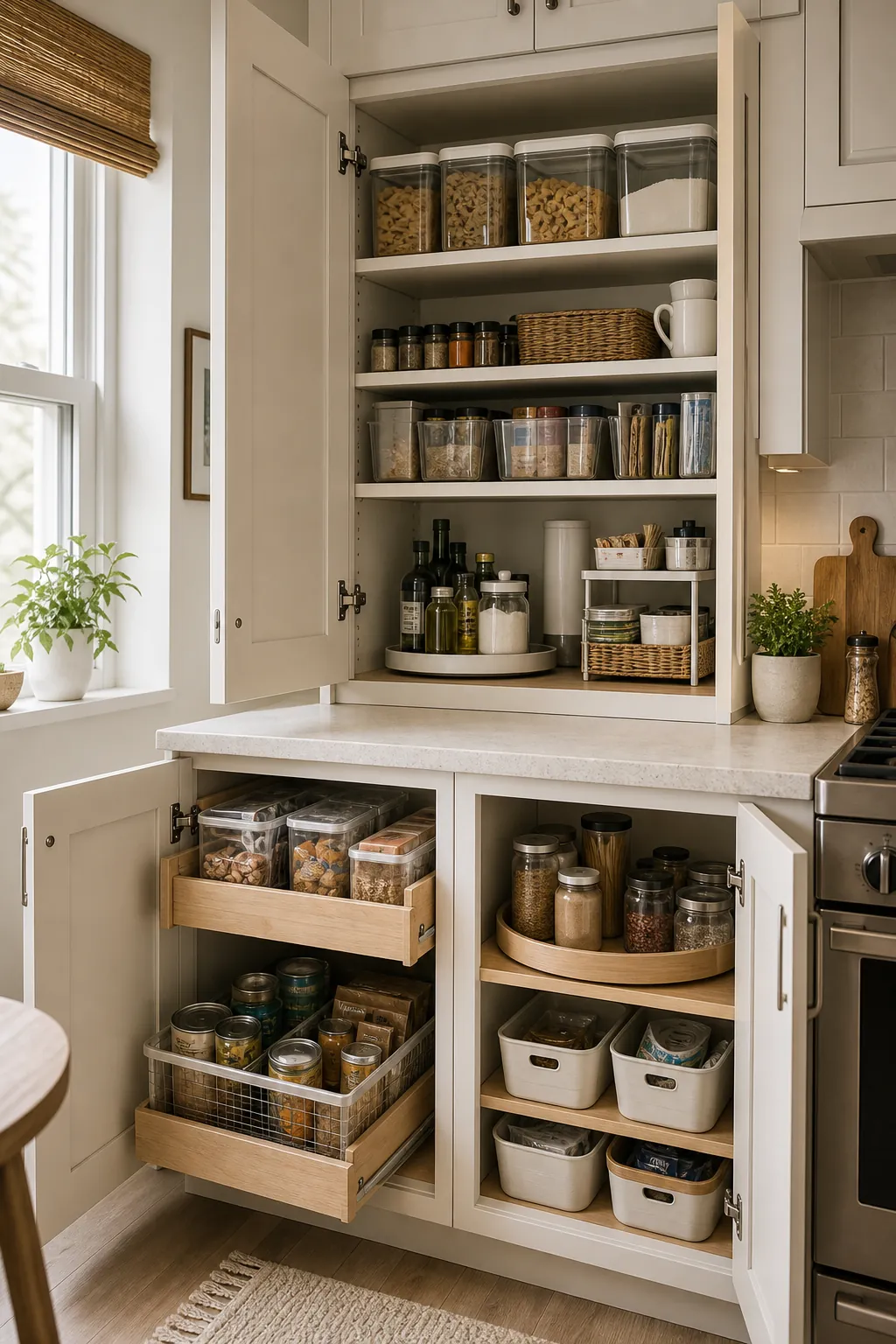 Inside cabinet organization for a small kitchen with no pantry storage