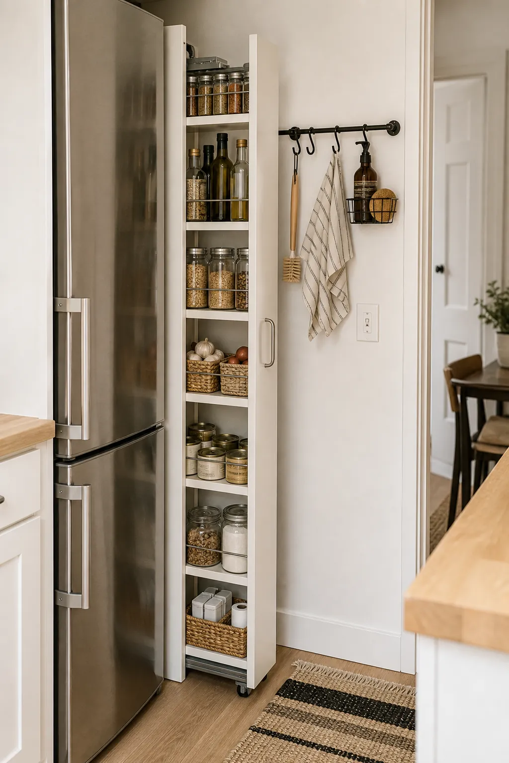 Narrow pullout storage rack used as a pantry alternative in a tight kitchen
