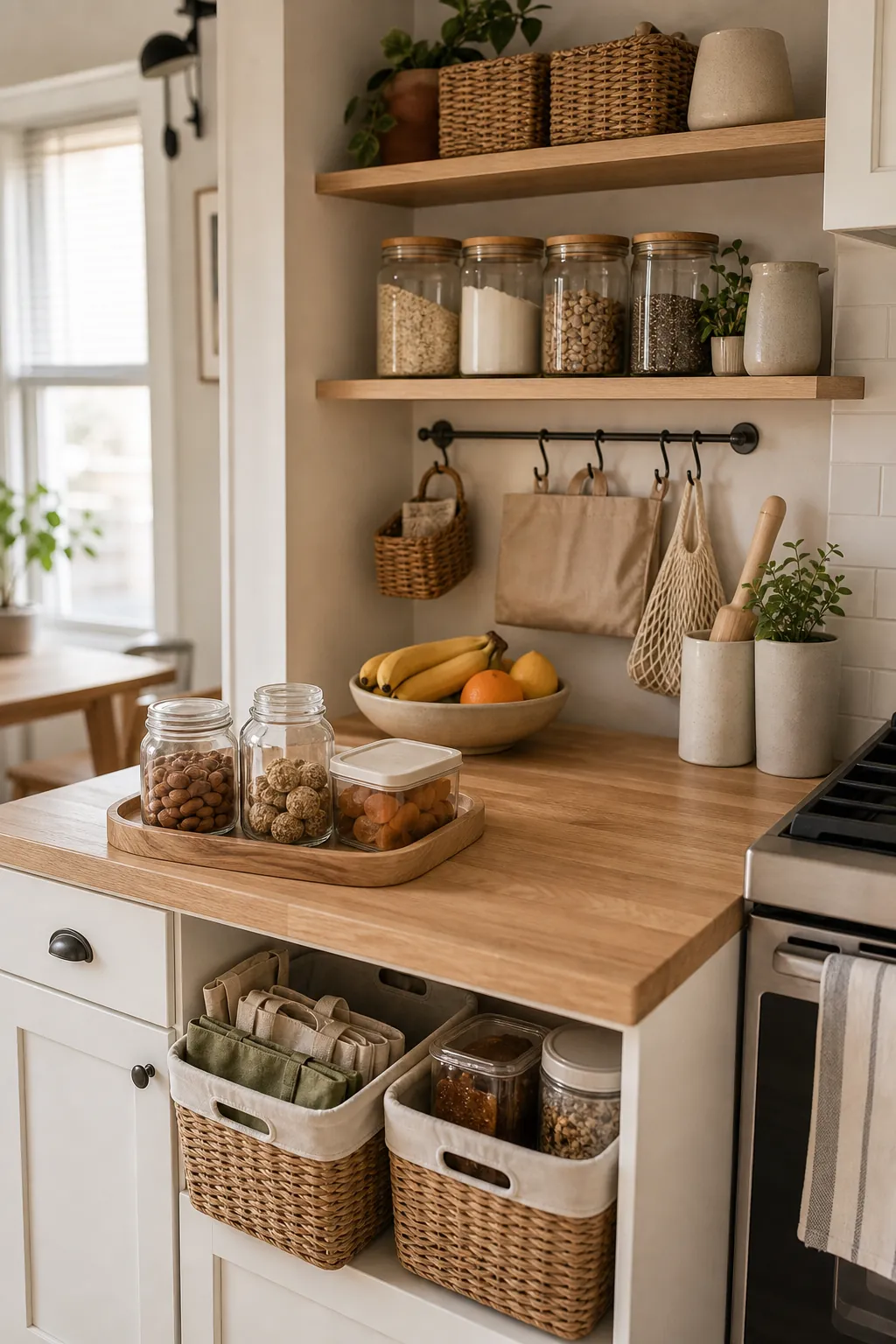 Weekly reset zone for small kitchen storage without a pantry