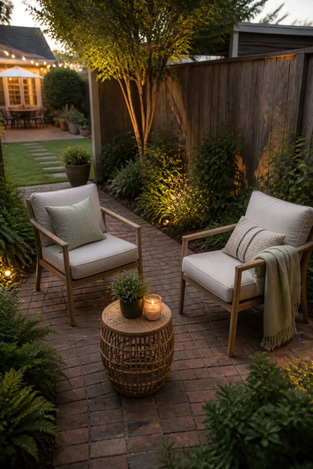 Adult garden seating angled inward in a backyard corner conversation zone