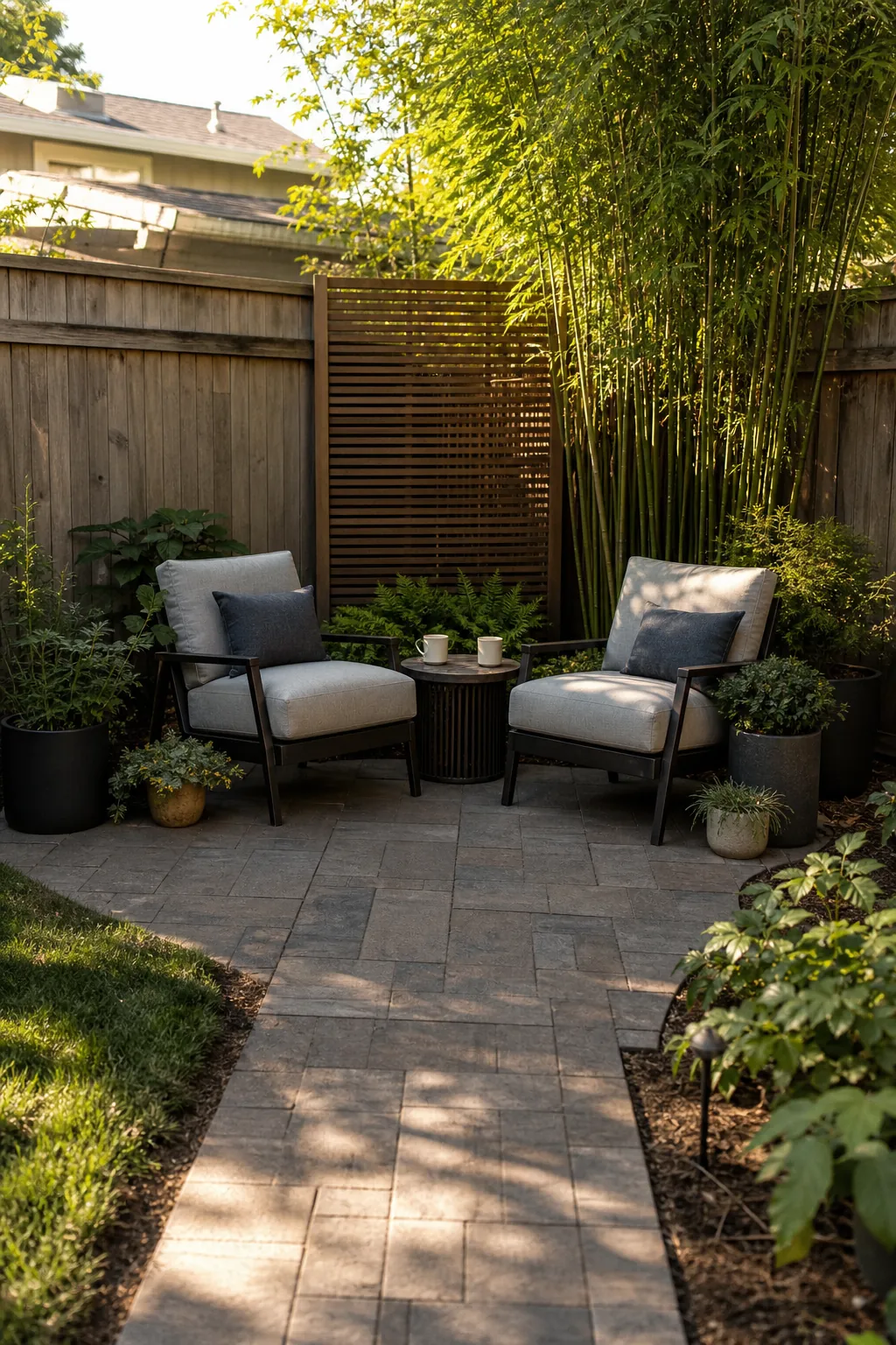 Inviting backyard corner designed as an adult outdoor living nook with privacy and garden seating