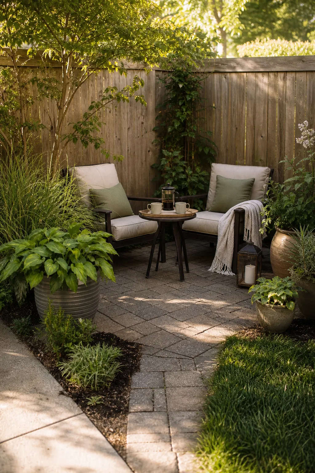 Backyard corner arranged as a purposeful adult seating nook with simple patio decor