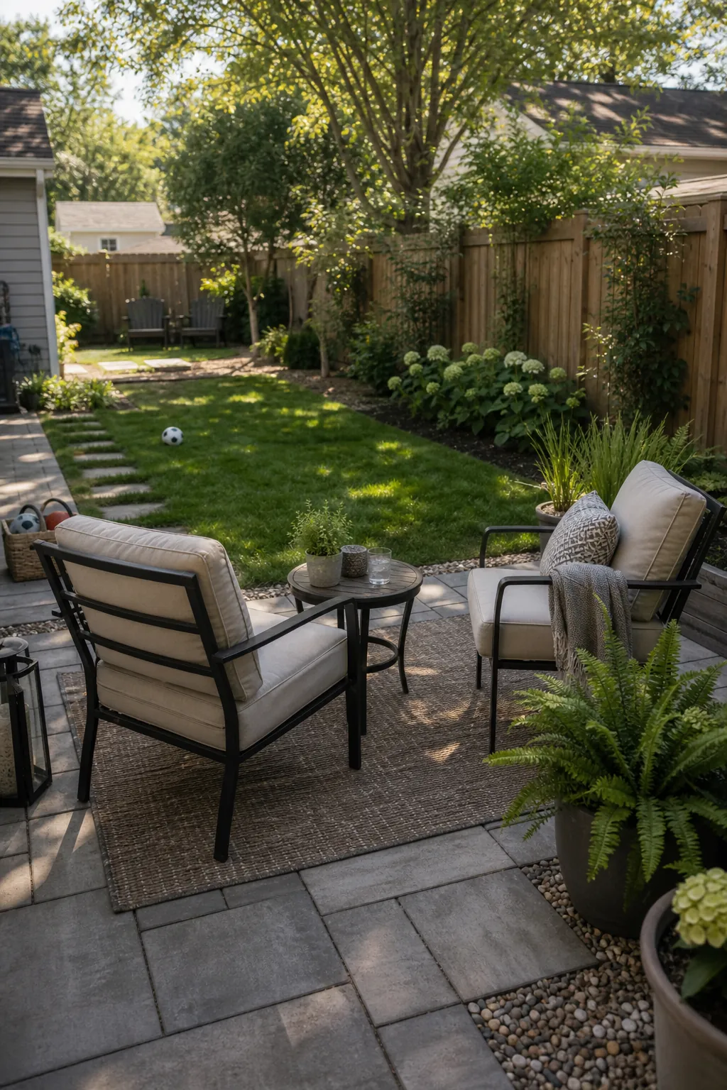 Family backyard corner with adult seating separated from lawn and play space