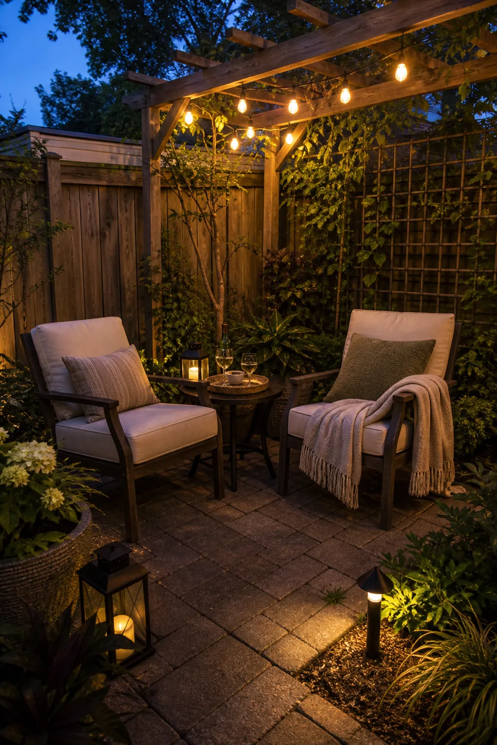 Patio corner decor with side table lanterns and comfortable outdoor cushions