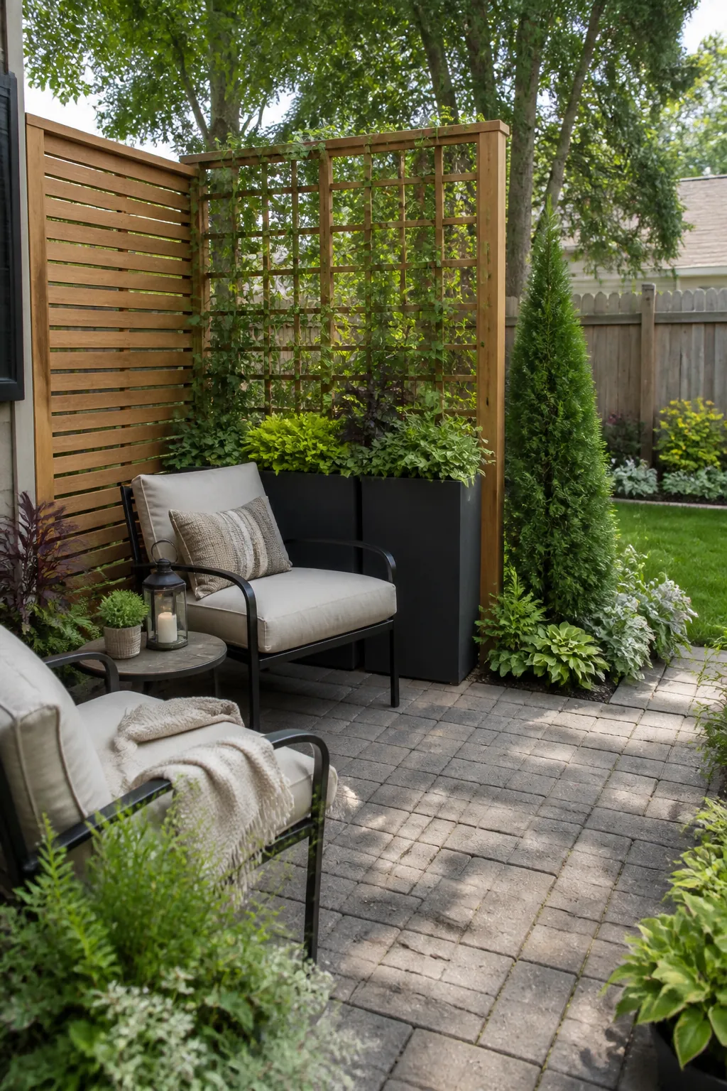 Backyard corner privacy ideas using tall planters trellis and layered greenery