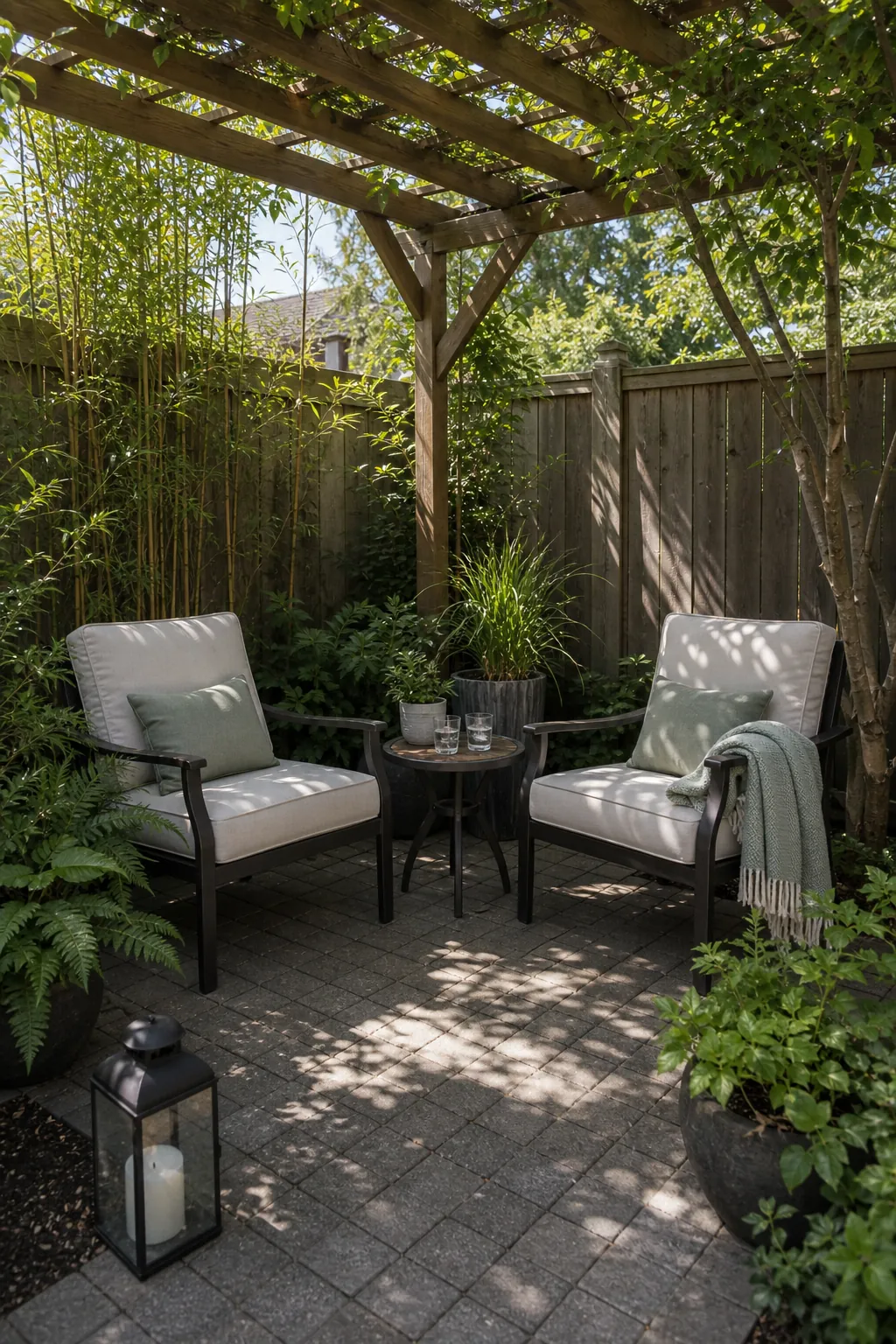 Shaded backyard corner with comfortable outdoor seating under a pergola