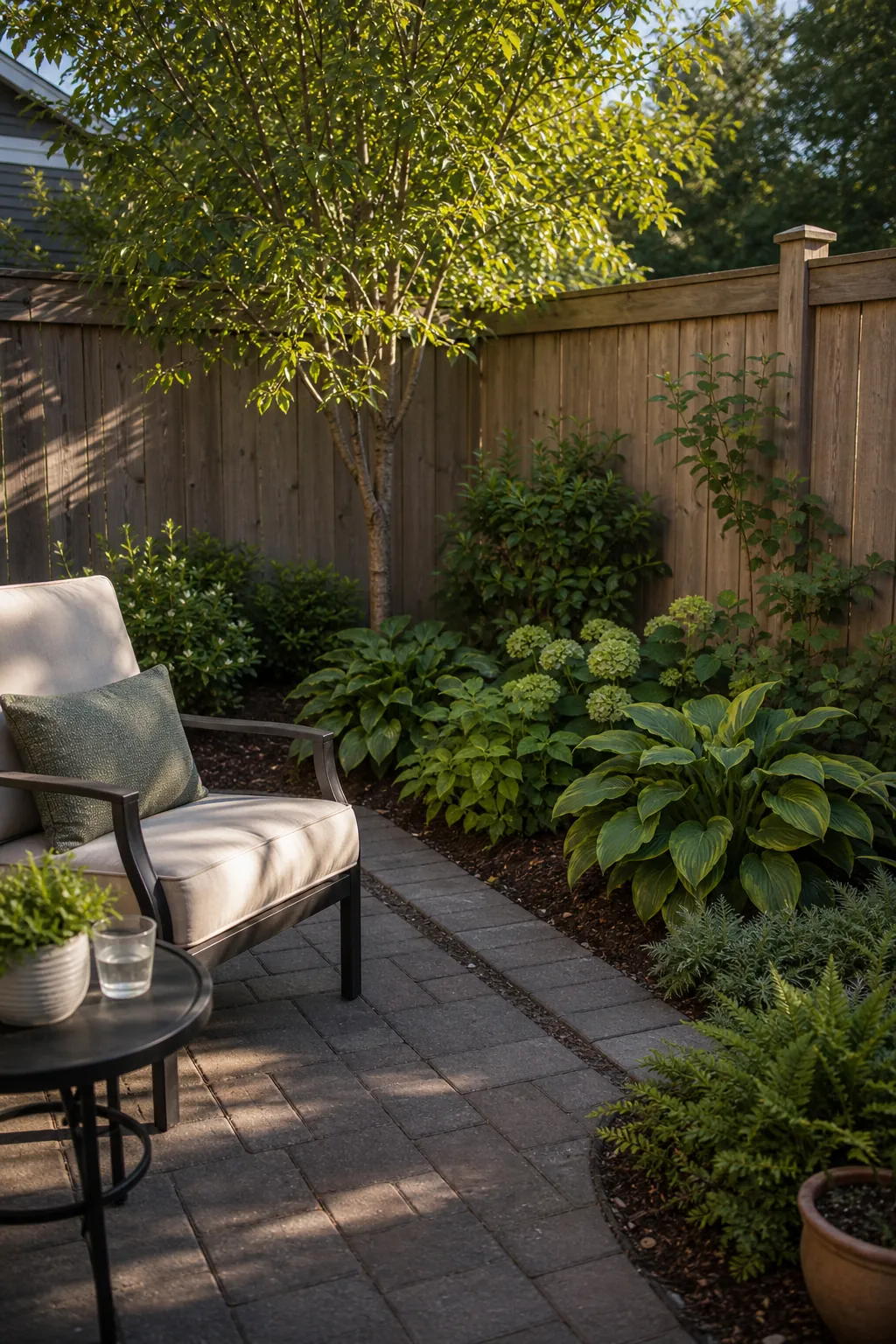 Small corner garden design with grouped planting and clear maintenance access