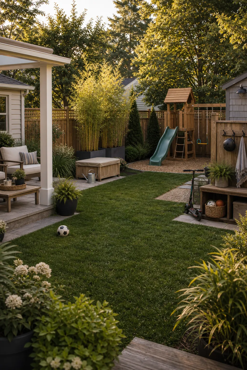 Calm family backyard with organized kids play zones, outdoor seating, and tidy garden design